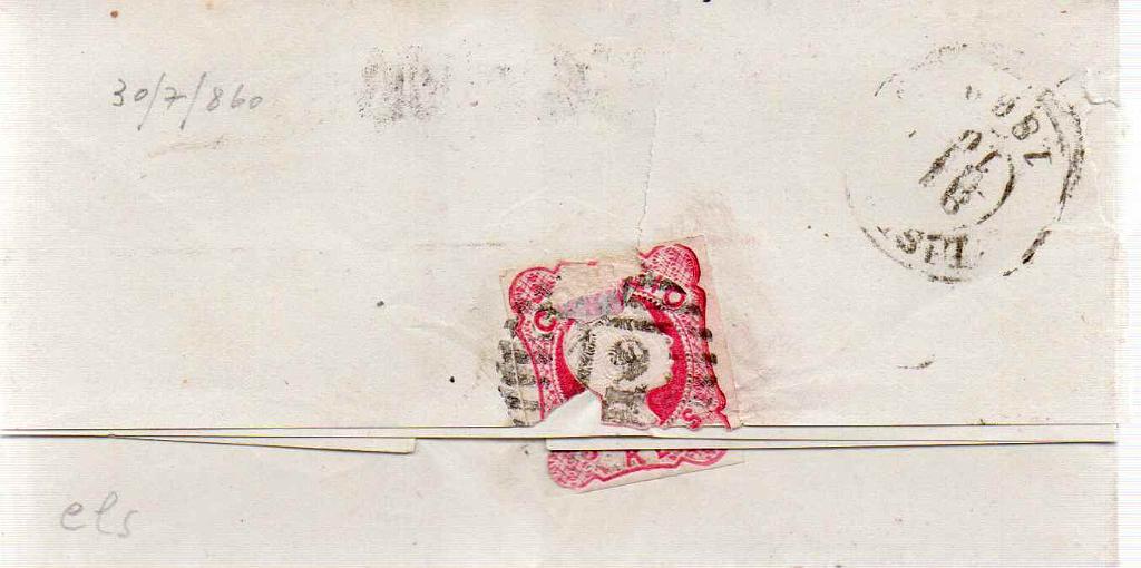 0821 v.jpg -     Lote:    821 (verso)            Portugal       Descrição:         1856/58 &mdash; D. Pedro V. Cabelos anelados. CE13, 25 reis (selo cortado no verso) em carta datada de Azambuja (30.07.60) para Lisboa. Carimbo nominativo de AZAMBUJA e numérico da 1.ª reforma "12", tipo 4.3.4.         Carta       Valor Base:     &euro; 12,00     Valor Venda:     Retirado     